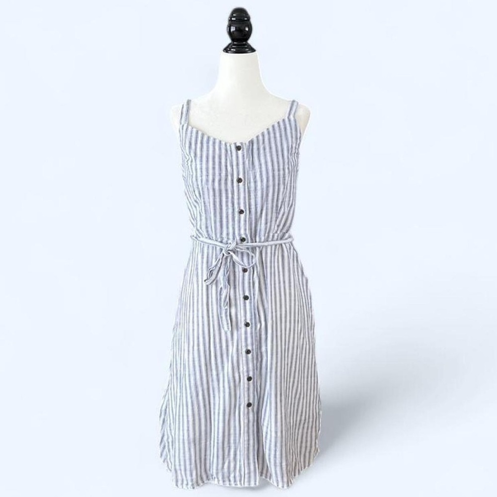 Old Navy Blue Striped Cotton Mini Dress Button Front Tie Petite L - Picture 2 of 13